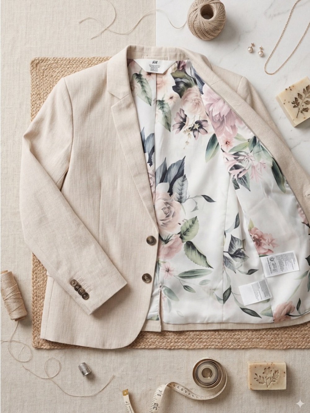 PRISTINE H&M Boys Linen Suit - Size 5-6YRS - Floral Lining JACKET ONLY